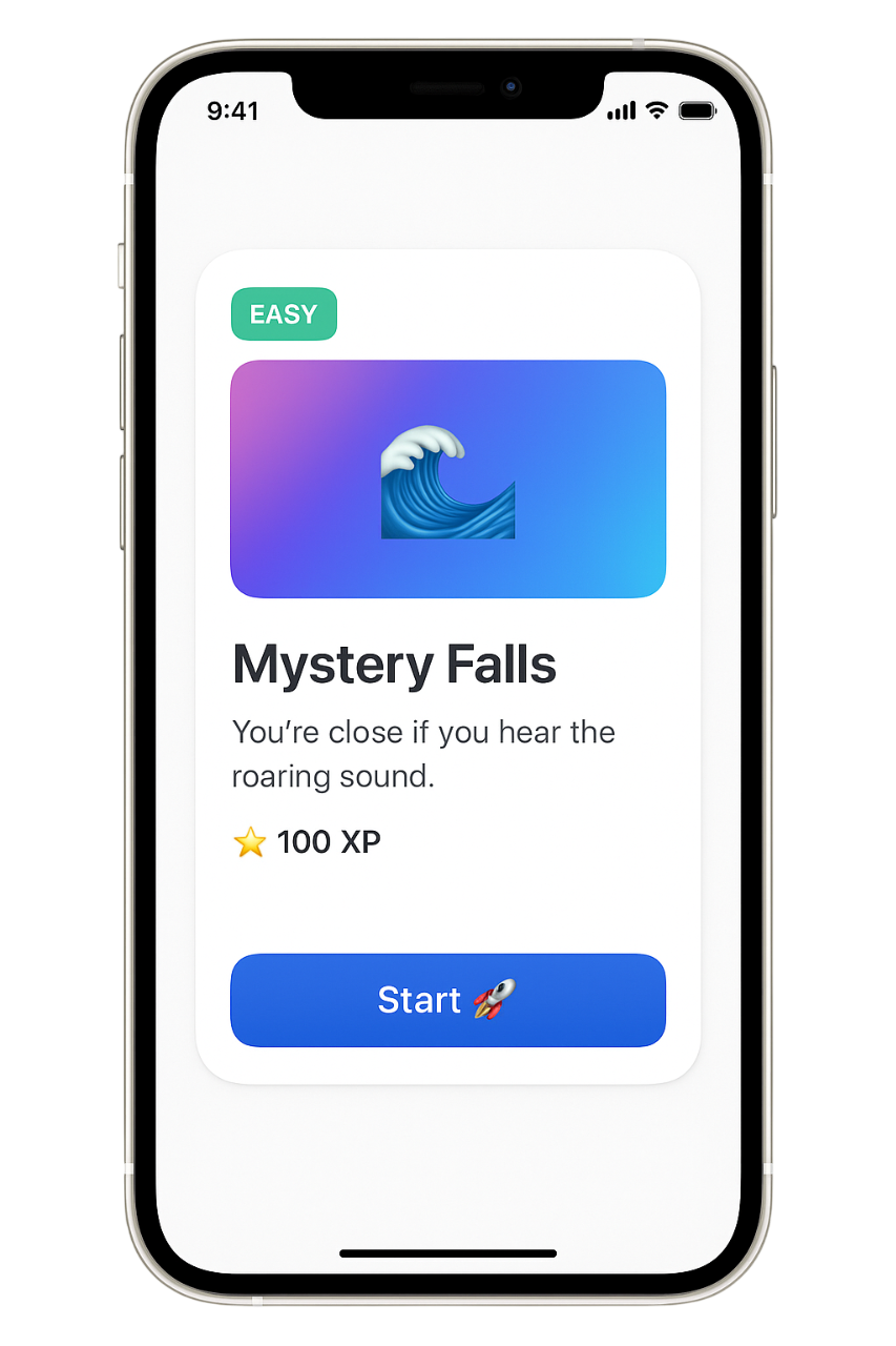 Tripka app showing Mystery Falls destination with 100 XP reward and Start button